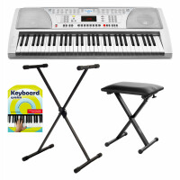 FunKey 61 SL Keyboard inkl. Netzteil und Notenhalter Silber Set inkl. Keyboardständer+ Bank + Noten + CD