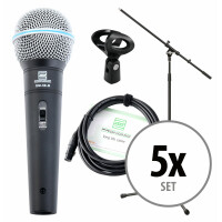 Pronomic Vocal Microphone DM-58 -B avec starter set 5x micro avec trépied, pince + câble XLR