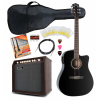 Rocktile D-60CE Stage SET2 Guitarra acústica negra con amplificador, set de accesorios + cable