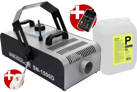 Complete Set Showlite SN-1500D DMX Fog Machine 1500W incl. remote control with timer + 5L liquid fog image 1