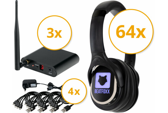 Beatfoxx SCPS-643 USB-C Silent Disco V2 Party Set mit 64 Kopfhörern und 3 Sendern image 1