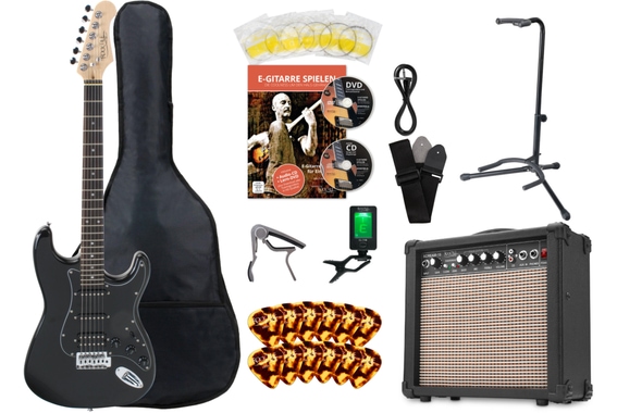 Rocktile Super Kit Electric Guitar Set Black, incl. amplifier, tuner, capo, strap, picks, bag, stand image 1