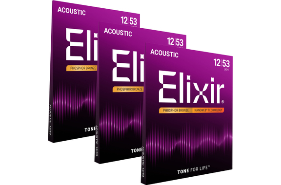 Elixir 16052 Cuerdas Acústicas Bronce Fosforado Nanoweb Light 3-Pack image 1