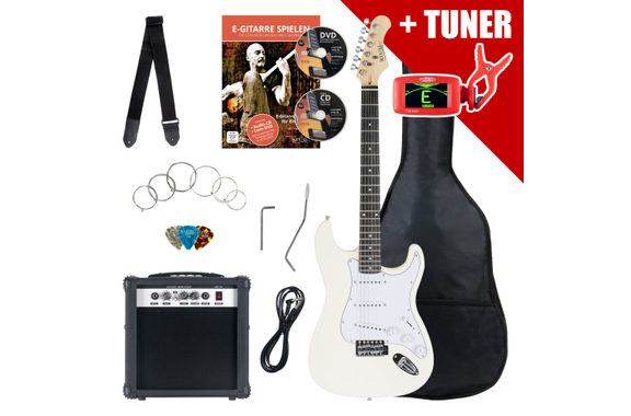 Rocktile Banger's Pack E-Gitarren Set White inkl. Verstärker, Tasche, Stimmgerät, Kabel, Gurt, Saiten und Schule inkl. CD/DVD image 1