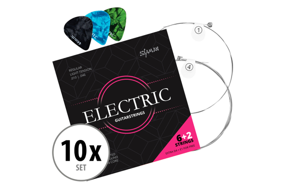 Shaman Electric Saiten für E-Gitarre inkl. 2 Ersatzsaiten und 3 Plektren 10x Set image 1