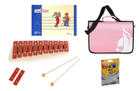 Sonor Early Education Set with Tina and Tobi Booklet, NG 10 Glockenspiel, Pink Music Bag and Crayons image 1