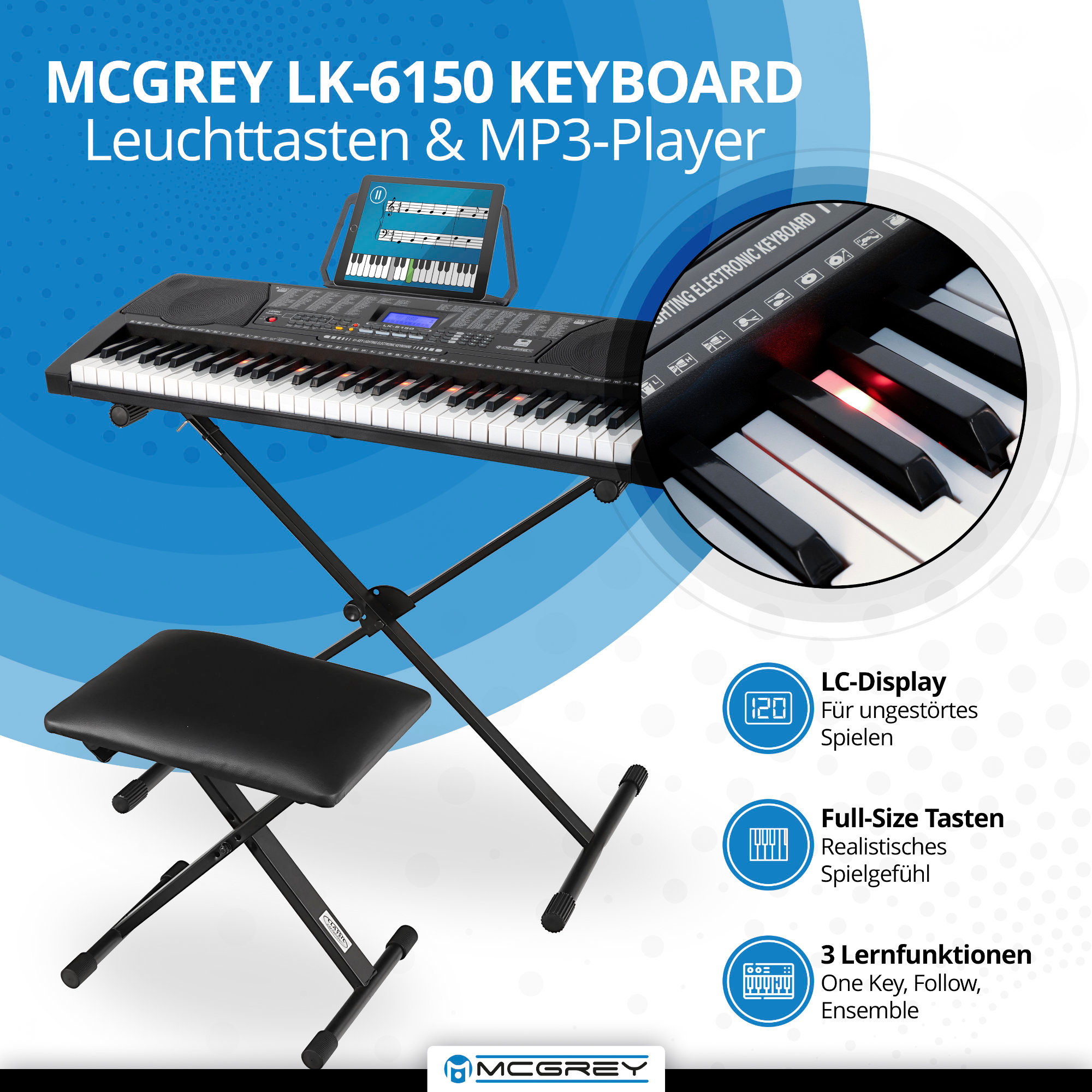 Clavier électronique McGrey LK-6150 - 61 Touches Lumineuses, 255 Sons Et Rythmes, Lecteur MP3 Intégré Pour Débutants