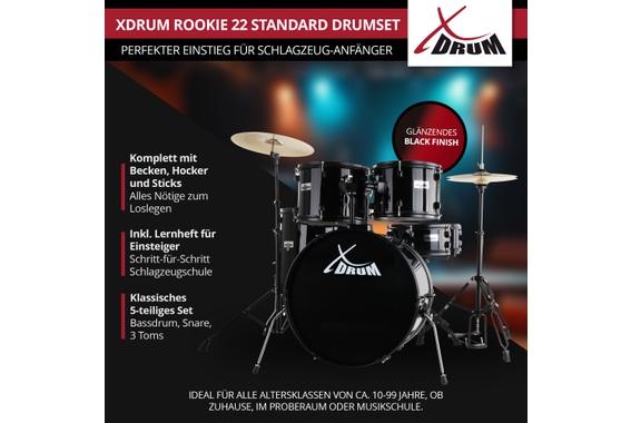 XDrum Rookie 22" Standard Schlagzeug Komplettset Black inkl. Schule image 2