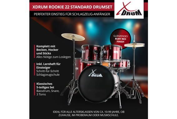 XDrum Rookie 22" Standard Schlagzeug Komplettset Ruby Red inkl. Schule  - Retoure (Zustand: gut) image 2