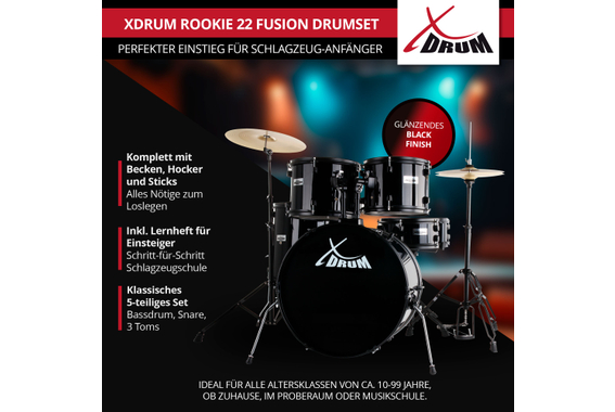 XDrum Rookie 22" Fusion Schlagzeug Komplettset Black inkl. Schule  - Retoure (Verpackungsschaden) image 2