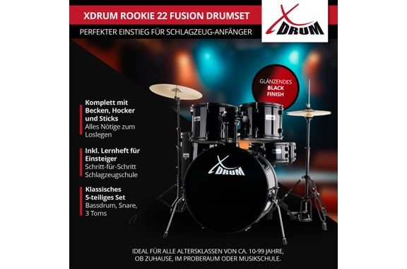 XDrum Rookie 22" Fusion Schlagzeug Komplettset Black inkl. Schule image 2
