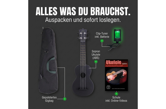 Classic Cantabile BeachBuddy Blackbird Ukulele Set incl. Tuner and School image 2