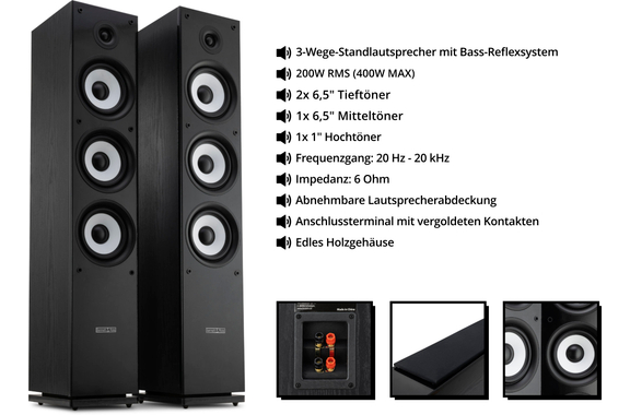 Bennett & Ross Ultrasphere Enceintes Colonnes HiFi Paire Noire 2 x 100W RMS image 2