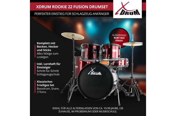 XDrum Rookie Batteria Fusion 22" Ruby Red più Set Smorzatori image 2