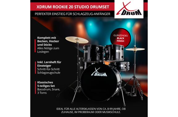 XDrum Rookie 20" Studio Schlagzeug Komplettset Black inkl. Schule image 2