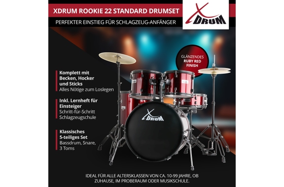 XDrum Rookie 22" Standard Set Batteria Completa Ruby Red incl. Scuola image 2