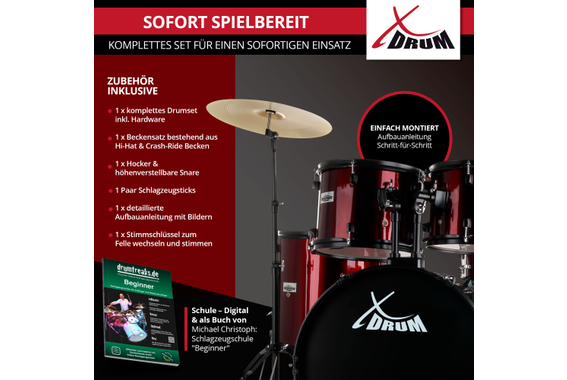 XDrum Rookie 22" Standard Schlagzeug Komplettset Ruby Red inkl. Schule  - Retoure (Verpackungsschaden) image 3