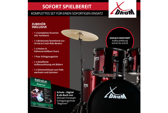 XDrum Rookie 20" Studio Schlagzeug Komplettset Ruby Red inkl. Schule  - Retoure (Zustand: gut) image 3