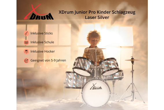 XDrum Junior Pro Kinder Schlagzeug Laser Silver inkl. Schule  - Retoure (Zustand: sehr gut) image 3