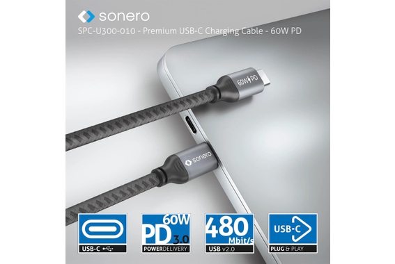 Sonero USB-C A USB-C Cavo Di Ricarica 60W Grigio/Nero 3,0 m image 3