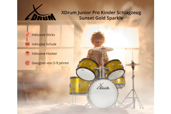XDrum Junior Pro Kinder Drumset Sunset Gold Sparkle incl. School image 3