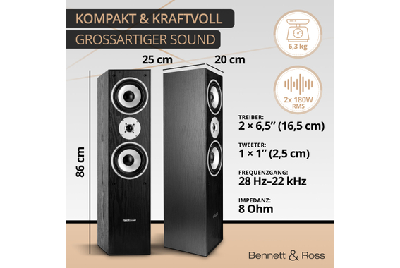 Bennett & Ross Radiant HiFi Standlautsprecher Paar schwarz 2x 180W RMS  - Retoure (Zustand: gut) image 3