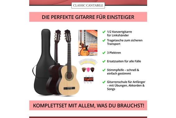 Classic Cantabile Acoustic Series AS-851-L 1/2 Klassikgitarre für Linkshänder Starterset image 3