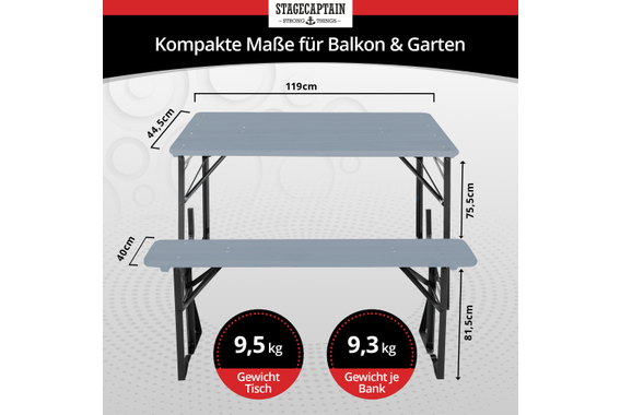 Stagecaptain BBDL-119 GY Hirschgarten Ensemble de Bierzelt avec Dossier pour Balcon 119 cm Gris 2x Set image 3