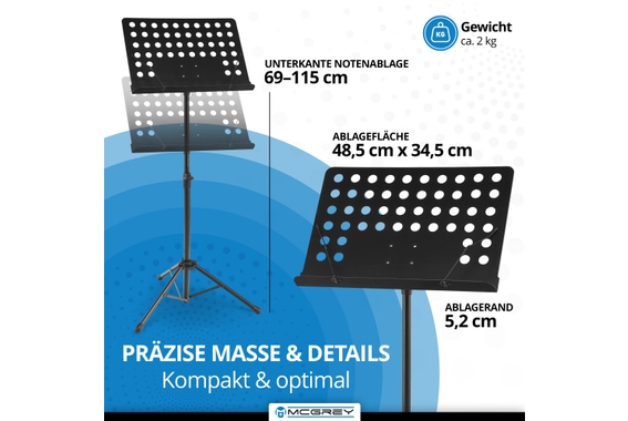 McGrey 11940 Pupitre d'Orchestre en Tôle Perforée avec Pinces à Partitions 3x Set image 3