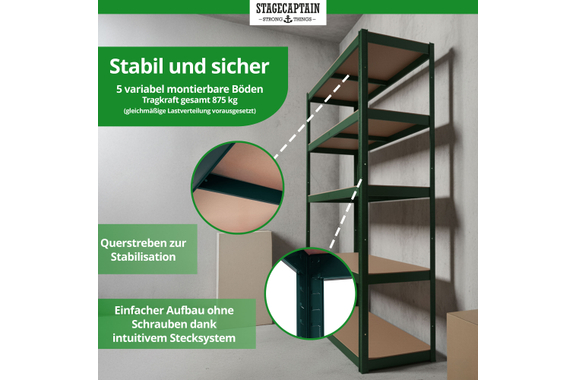 Stagecaptain Heavyrack Storage Rack Wooden Shelves Dark Green, max. 875 kg 4x Set image 3