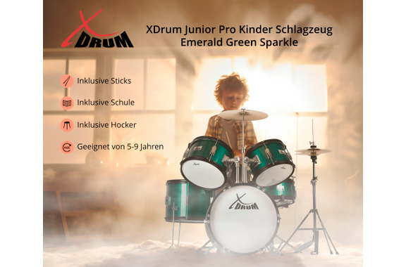 XDrum Junior Pro Kinder Schlagzeug Emerald Green Sparkle inkl. Schule image 3
