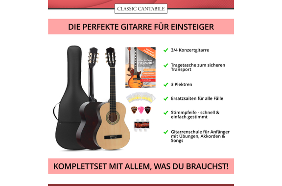 Classic Cantabile Acoustic Series AS-851 3/4 Guitare Classique Concert Starterset image 3