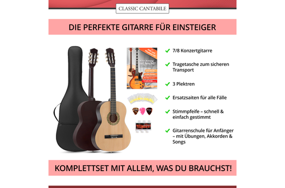 Classic Cantabile Acoustic Series AS-851 7/8 Guitare Classique Concert Set Débutant image 3
