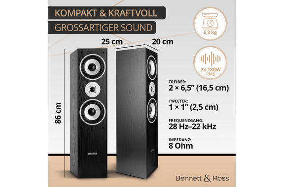Bennett & Ross Radiant HiFi Vloerstaande Luidsprekers Paar zwart 2x 180W RMS image 3