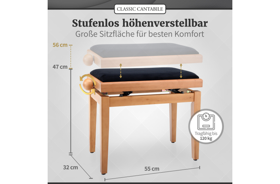 Classic Cantabile Piano Bench Cherry Light Matte image 3