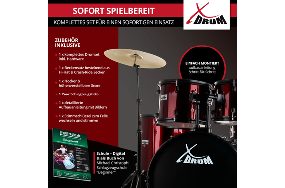 XDrum Rookie 20" Studio Drum Set Red plus Mute Set image 3