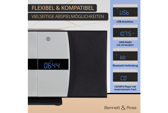 Bennett & Ross Ålesund Vertikal Stereoanlage mit CD/MP3-Player, USB und Bluetooth Silber  - Retoure (Zustand: sehr gut) image 4