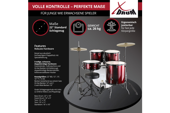 XDrum Rookie 22" Standard Schlagzeug Komplettset Ruby Red inkl. Schule  - Retoure (Verpackungsschaden) image 4