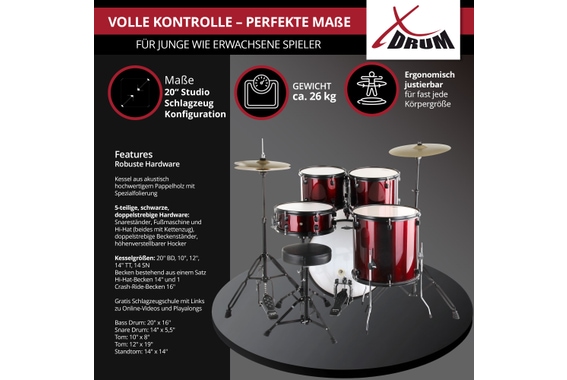XDrum Rookie 20" Studio Schlagzeug Komplettset Ruby Red inkl. Schule  - Retoure (Zustand: gut) image 4