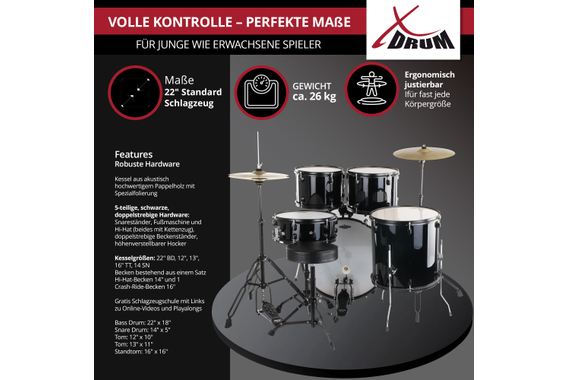 XDrum Rookie 22" Standard Schlagzeug Komplettset Black inkl. Schule  - Retoure (Verpackungsschaden) image 4