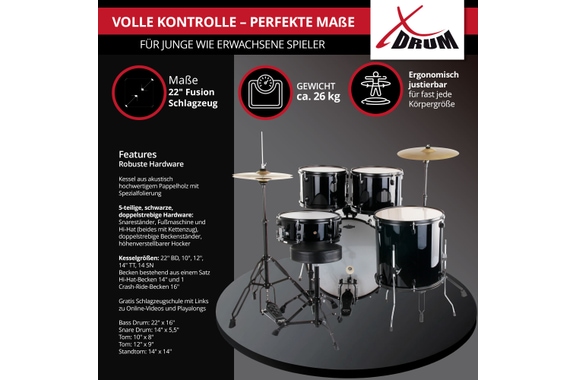 XDrum Rookie 22" Fusion Schlagzeug Komplettset Black inkl. Schule image 4
