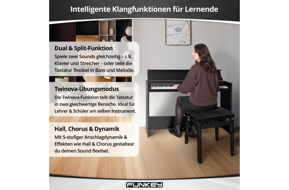 FunKey DP-1088 SM Digitalpiano Zwart Mat Set incl. Bank, Koptelefoon en School image 4