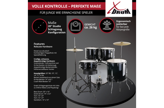 XDrum Rookie 20" Studio Schlagzeug Komplettset Black inkl. Schule image 4