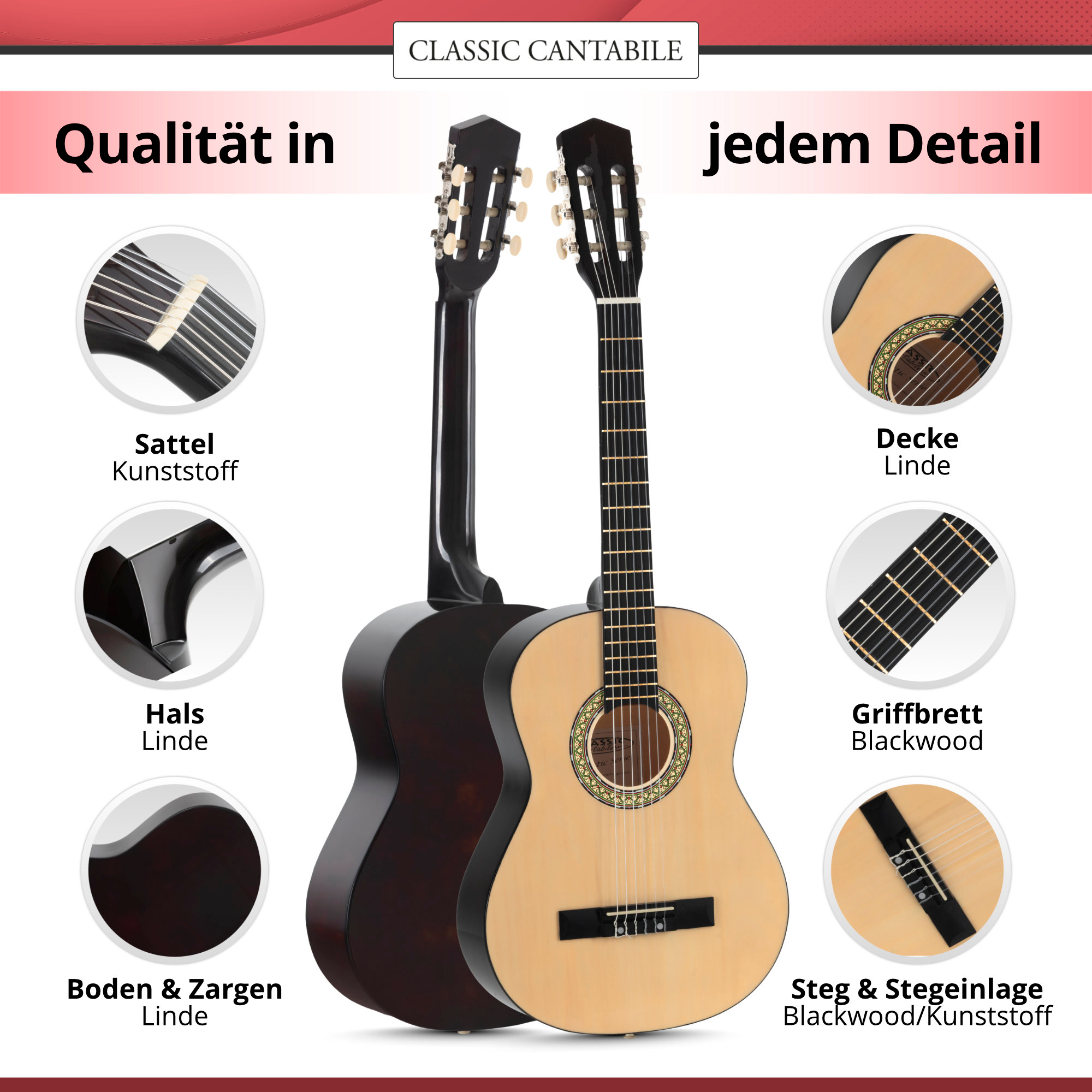 Guitare Classique 3/4 Pour Débutant - Set Complet Avec Housse, Accordeur, Médiators - Pour Enfants 8-11 Ans - Naturel