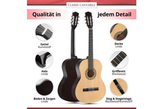 Classic Cantabile Acoustic Series AS-851-L Klassikgitarre 7/8 für Linkshänder Starter-SET image 5