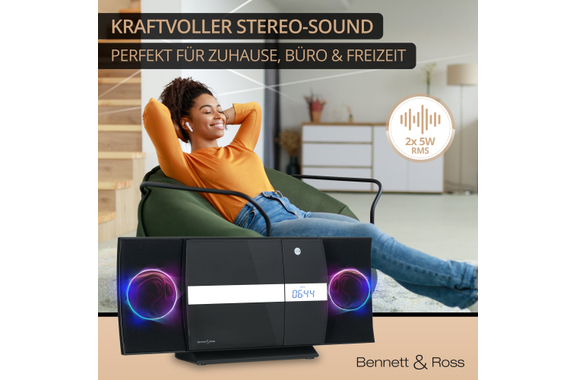 Bennett & Ross Ålesund Vertikal Stereoanlage mit CD/MP3-Player, USB und Bluetooth Schwarz  - Retoure (Zustand: sehr gut) image 8